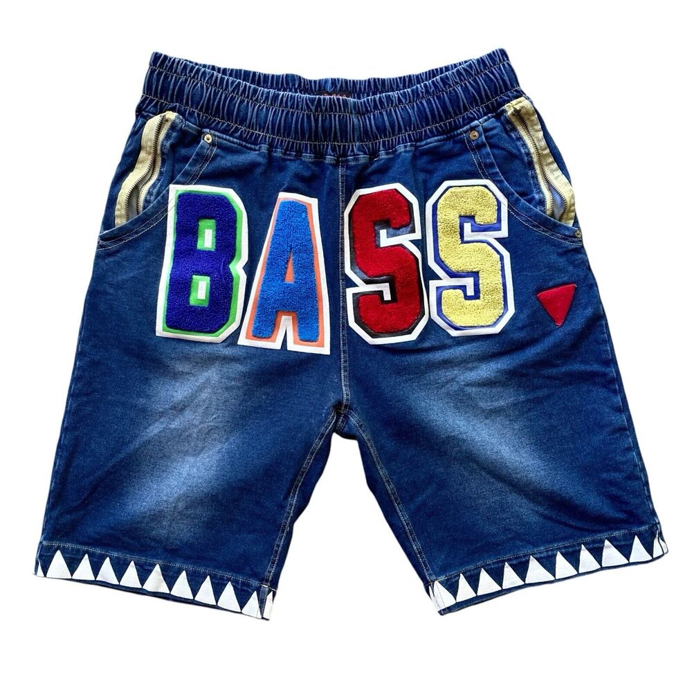 Bass by Ron Bass 90s-Style Draw String Denim Cotton Mens Shorts, XL Patches